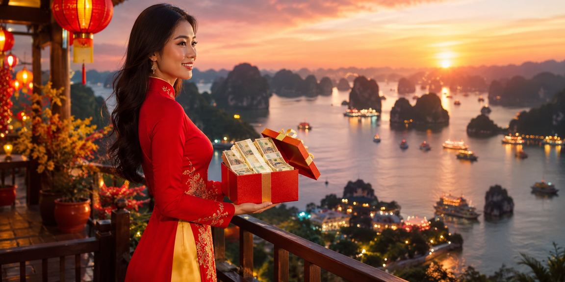 Người chơi mặc áo dài sử dụng ứng dụng casino trên điện thoại tại Vịnh Hạ Long