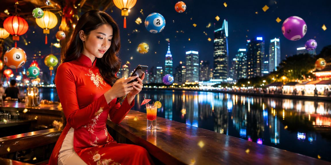 Người phụ nữ mặc áo dài tại Hà Nội tham gia xổ số và xem khuyến mãi trực tuyến